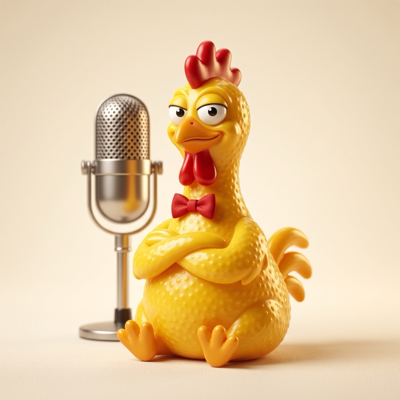 Pollo, sentado frente a un micrófono