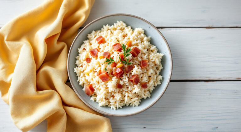 Arroz blanco con taquitos de jamón serrano