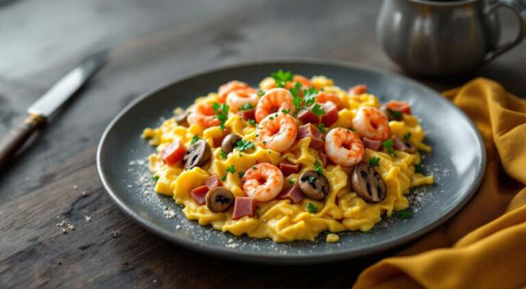 Revuelto de setas, gambas y jamón