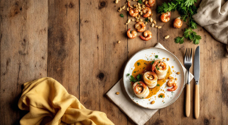 Rollitos de filetes de lenguado con salsa de gambas