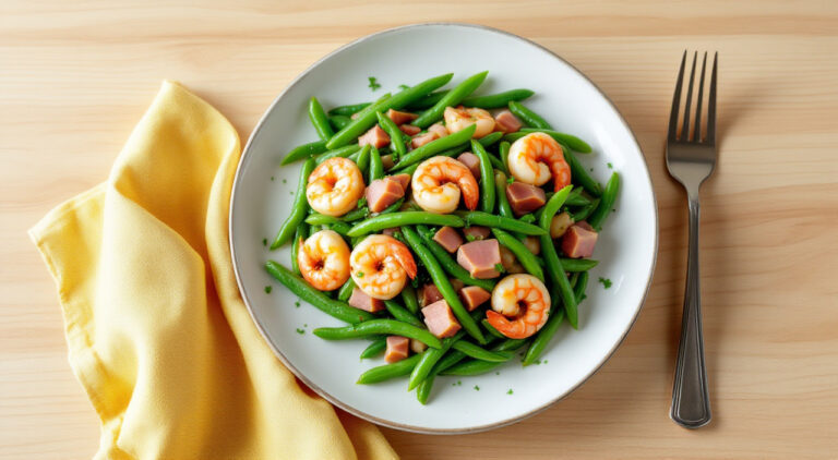 Salteado de judias verdes con jamón y gambas